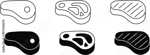 Six steaks in various cuts and cooking styles on white background for food and meal concepts  raw and cooked meat