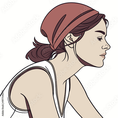 A striking digital illustration depicts a woman in profile showcasing her reddish brown hair and a vibrant red headscarf high quality professional