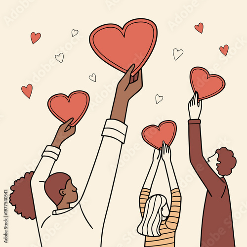 Φωτογραφία A diverse group of people joyfully raise red and white hearts above their heads