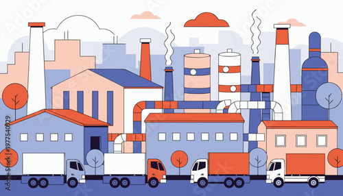 Industrial factory vector illustration with trucks pipelines and manufacturing plant scene