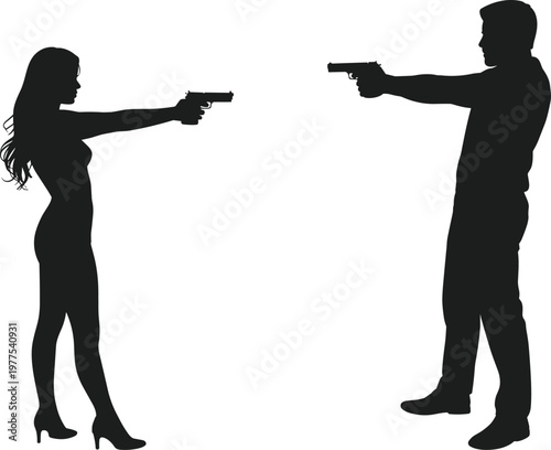 Black silhouette of a man and woman pointing handguns at each other, representing a standoff, conflict, spy thriller, or dramatic action movie scene.