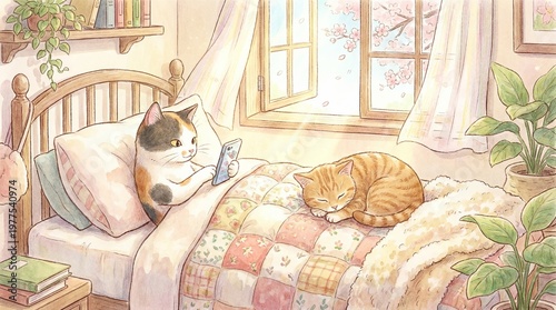 Cats relaxing in a cozy bedroom with smartphone in hand, surrounded by plants and sunlight