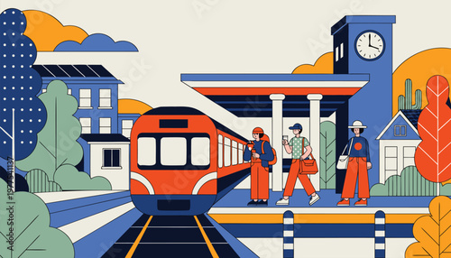 Modern railway station vector illustration with train passengers and platform scene