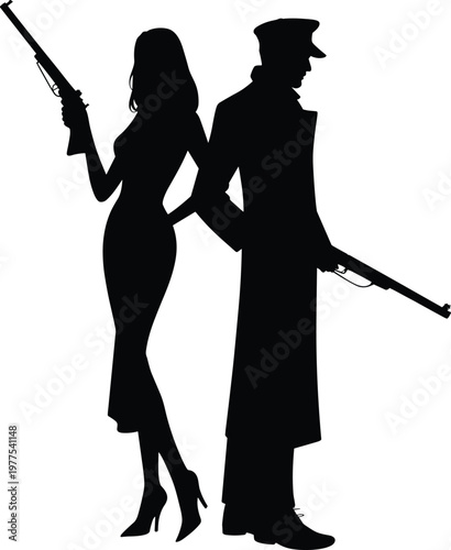 Black silhouette of a secret agent couple standing back to back holding rifles, vintage spy thriller and dangerous undercover mission concept vector illustration.