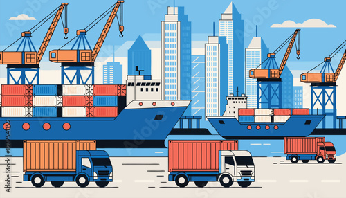 Modern cargo shipping port vector illustration with cranes trucks and containers