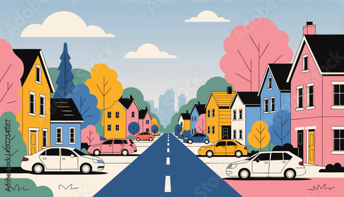 Vibrant suburban street scene with colorful houses and cars on a sunny day