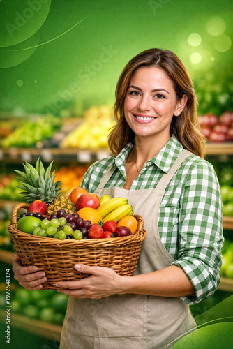 Smiling woman holding basket of fresh fruits in grocery store representing healthy lifestyle and organic food concept
