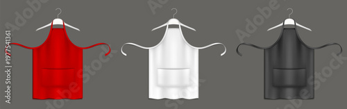 Chef aprons, black, red, white uniform on hangers