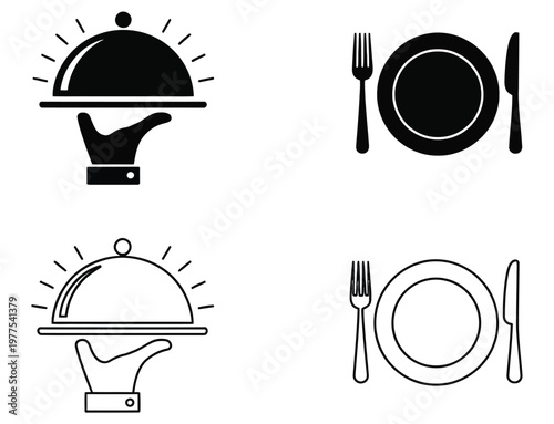 Chef hat and cutlery icon set, flat design vector collection representing cooking, restaurants, and culinary tools, modern simple style suitable for food blogs, menus