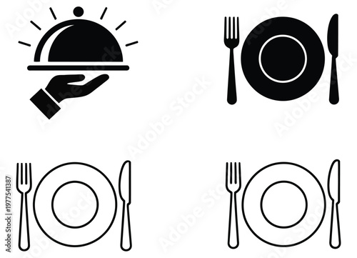 Chef hat and cutlery flat design vector icon set, kitchen and restaurant symbols including chef hat, fork, knife, and spoon, clean minimal style for food service