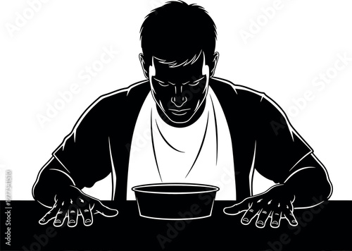A stark black and white illustration depicts a man with his head bowed holding a bowl in his hands conveying introspection
