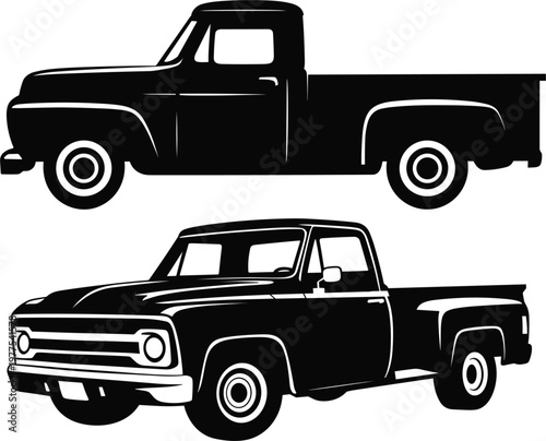 Classic vintage pickup truck silhouettes, black retro vehicle icons for automotive design, transport and delivery service