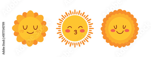 Collection of three peaceful sun characters representing sleep, joy, and friendliness. Perfect for bedtime stories, nursery wallpaper, and baby products.