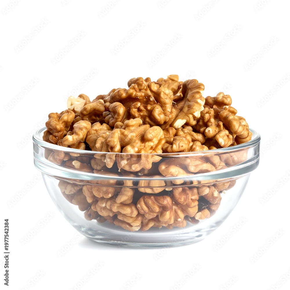 Obraz premium Fresh Shelled Walnuts in Glass Bowl – Healthy Snack & Cooking Ingredient