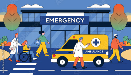 Emergency medical services at hospital with ambulance and people on foot and in wheelchair
