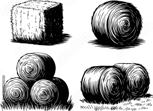 Black and White of Square and Round Hay Bales White Background farm agriculture