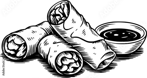 Black and white of spring rolls with a dipping sauce bowl food asian
