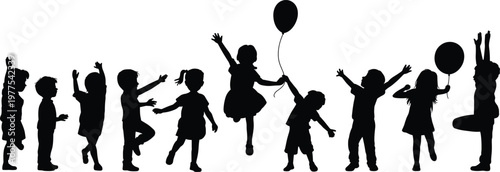 Large group of happy children silhouettes playing with balloons and dancing in celebration, representing childhood joy, freedom, and active youth lifestyle in vector.