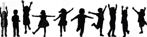 Large group of happy children silhouettes jumping and dancing with arms raised, celebrating childhood joy, freedom, and active play in black vector.