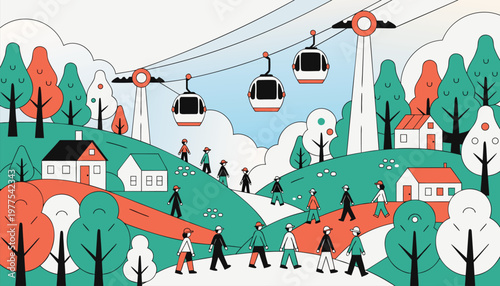Mountain village with cable cars and people walking on a sunny day illustration