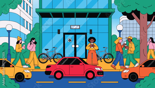 Diverse group of people and vehicles navigate a bustling city street outside modern office building