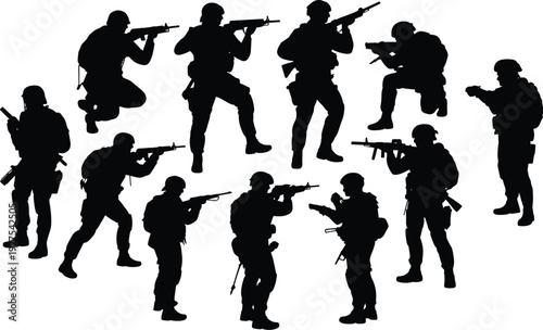 Large set of black silhouettes featuring modern soldiers in tactical combat gear, various military poses including aiming rifles, kneeling, and patrol mission vector.