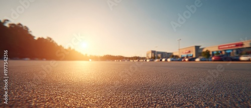 Asphalt Parking Lot During Golden Hour Sunset with Trees and Buildings in Background