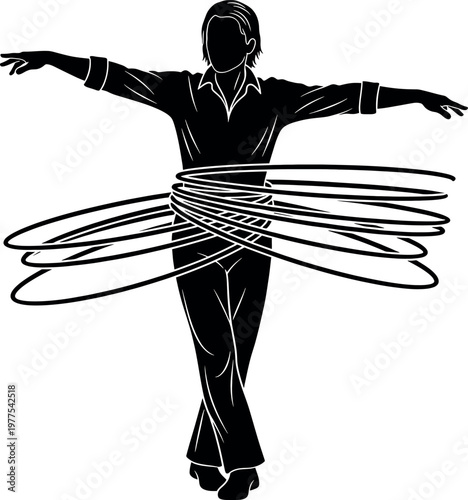 Silhouette of a performer skillfully spinning multiple hula hoops showcasing balance and dynamic movement