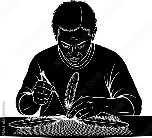 Intricate woodcut illustration of a man sharpening a quill pen with a knife