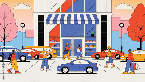 Busy urban street scene with people shopping and driving cars outside a storefront