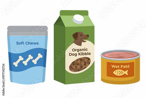 A colorful illustration showcasing various dog food products including soft chews, organic kibble, and wet pates to emphasize pet nutrition and care essentials.
