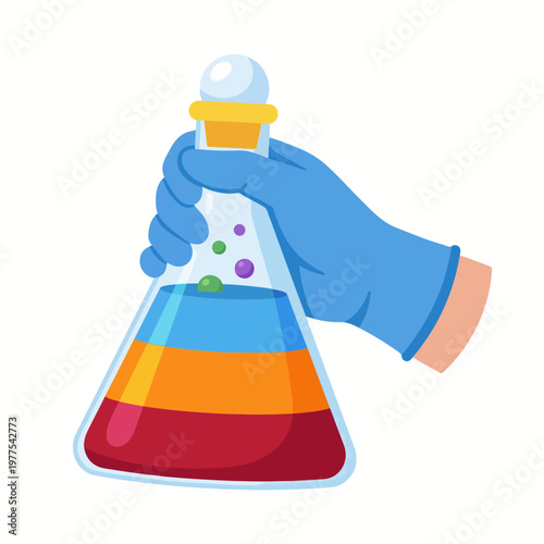 An engaging illustration of a laboratory flask held by a gloved hand, featuring colorful liquids representing scientific experimentation, discovery, and innovation in a vibrant design.