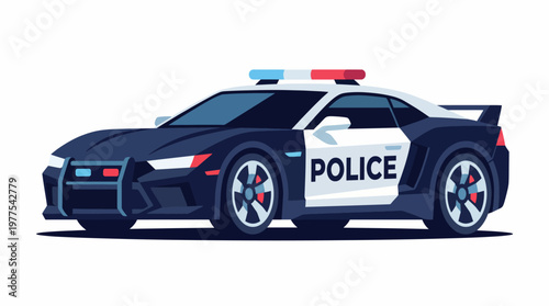 A sleek police car displayed against a minimal background, representing modern law enforcement and the intersection of style and functionality in automotive design.