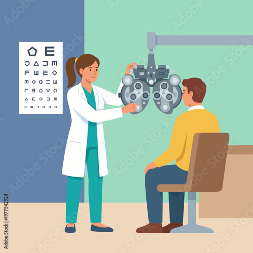 An optometrist conducting a thorough eye exam using a phoropter on a patient, showcasing the importance of vision health and professional care in a clinical setting.
