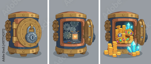 A unique series of illustrations presents a steampunk-style safe that reveals treasures, artfully combining fantasy elements with the allure of hidden riches.