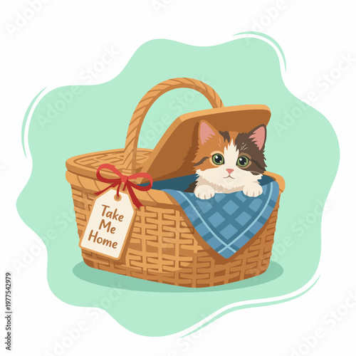 This charming image captures an adorable cat peeking from a wicker basket, inviting potential pet owners to adopt and love the furry friend, representing warmth and companionship.
