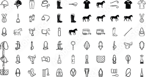 Equestrian Sports Equipment Icons Set Featuring Horse Gear, Riding Accessories, and Competitor Gear