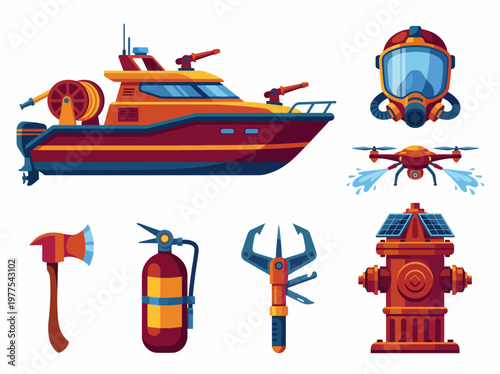 An assortment of firefighting tools, including a boat and drone, illustrated in bright colors, exemplifying the synergy of technology and safety in emergency services and their critical roles.