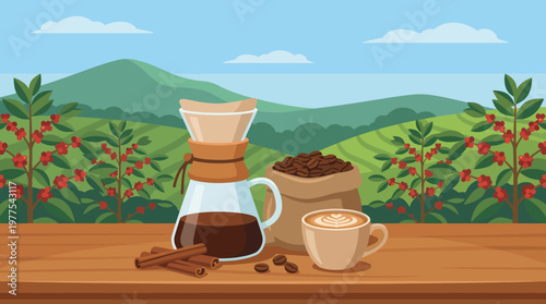 A beautifully arranged coffee scene featuring freshly brewed coffee, beans, and spices, set amidst lush green landscapes, illustrating the coffee culture and connection with nature.