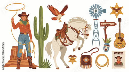 This vibrant illustration depicts a cowboy in a desert landscape, featuring iconic elements like a horse, windmill, cactus, and various western artifacts.