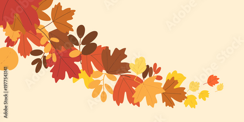 A decorative pattern of autumn leaves in warm colors flowing across a pale background