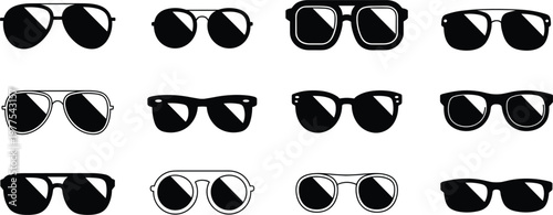 Set of stylish sunglasses silhouettes, black summer eyewear icons for fashion design, travel and sun protection