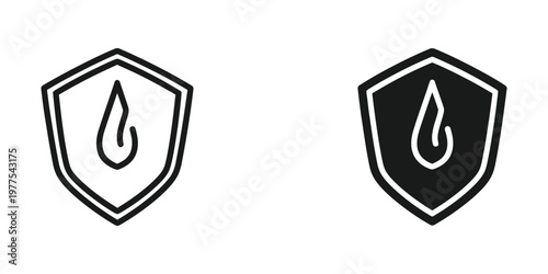 Two shield designs featuring a stylized flame or liquid drop symbol in contrasting styles