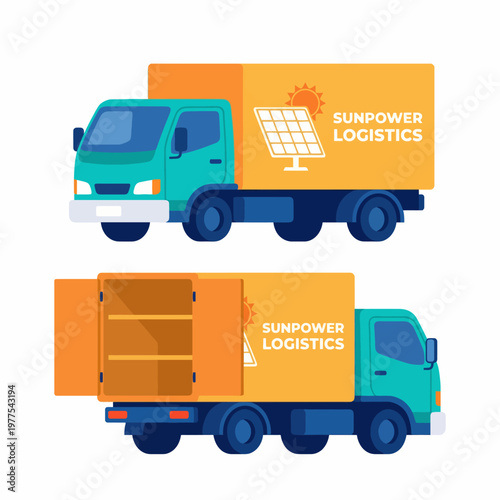 A brightly colored delivery truck branded with a solar energy logo symbolizes eco-friendly logistics, emphasizing sustainability and the transition to renewable energy.