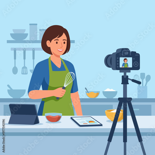 A woman in a kitchen, mixing ingredients with a whisk while being filmed, representing the rise of cooking tutorials and the joy of baking at home.