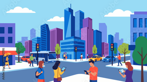 A vibrant urban scene captures diverse individuals interacting with smartphones and tablets while navigating through a bustling city, showcasing modern life and connectivity.