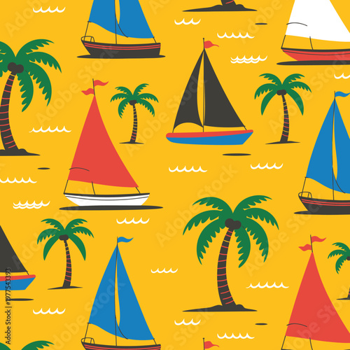 Colorful sailboats and palm trees on a vibrant yellow background creating a summery tropical pattern