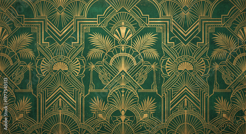 Elegant Art Deco wallpaper background in deep emerald green and distressed gold. This luxurious 1920s-inspired design is ideal for high-end branding, interior backdrops, and glamorous event invitation