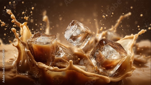 Ice Cubes Dropping into Brown Liquid with Splash and Motion Effect