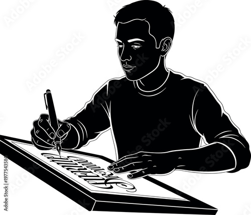 A black and white illustration depicting a young man intently writing on a tablet with a stylus